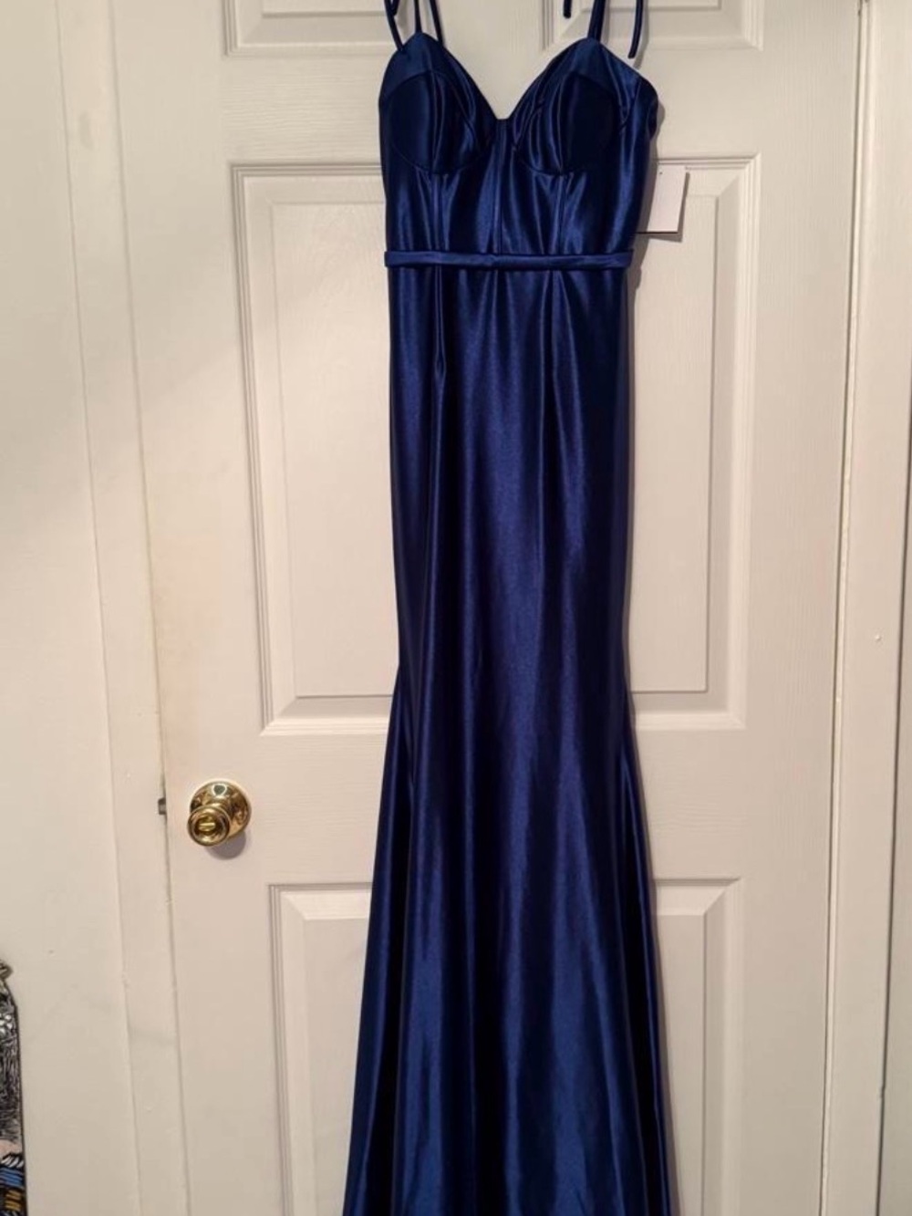 Satin Spaghetti-Strap Prom Gown in Navy